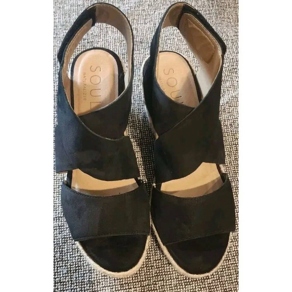 Soul Naturalizer Oshay Wedge Womans Size 8 Black Leather Espadrille Sandal‎